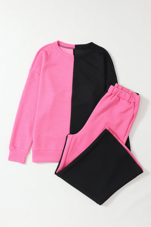 Multi-Color Contrast Color Block Textured Casual 2pcs Outfit